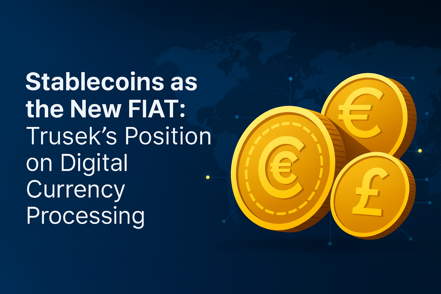 Golden Coins on a Dark Blue Background with the Title "Stable coins as the new FIAT"